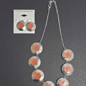 Peter Nygard Signed 1980s Vintage Silver & Orange Earring & Necklace Set